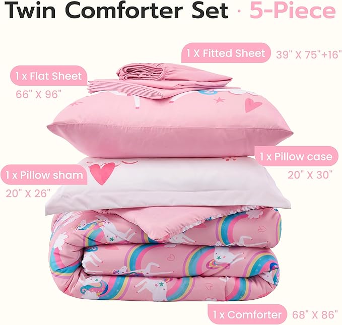 Joiedomi Kid Twin Comforter Set 5 Piece Unicorn Rainbow Bedding Set for Boys/Girls Super Soft Microfiber Bed in a Bag with Comforter Sheets Pillowcase & Sham