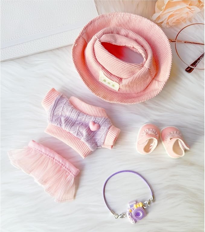 Clothes for Dolls Accessories, Stylish Kawaii Pink Outfit Set 5 Pieces Suitable for 15cm 17cm Doll , Doll Hat Clothing Set Replacement