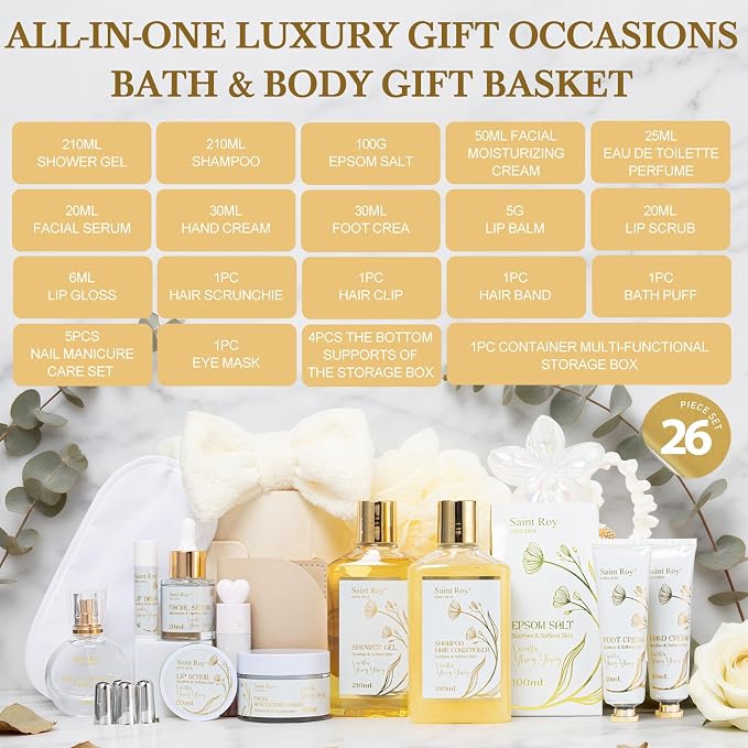 23Pcs Bath and Body Vanilla YLANG YLANG Gifts for Women, Spa Gift Basket | Gifts for Women, Birthday Gift - Vanilla Spa Gift Kit Mothers Day Gift Basket for Mom, Bath and Body Gift Basket, Spa Basket