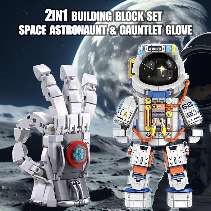 2 Space Building Kit Astronaut Man & Gauntlet Set, Cool Flexible Spaceman-Explorer Space Glove Building Toy, Creative Space-Themed Gift for Teen 14+, Adult