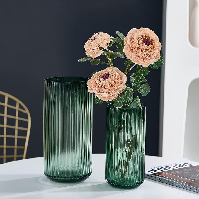 Flower Vase 10 inch Green Thickened Hand Blow Glass Vase Round Vintage Striped Bottles for Bookshelf,Dinner Table,Indoor Office Desktop,Meeting Room,Bathroom,Countertop,Home