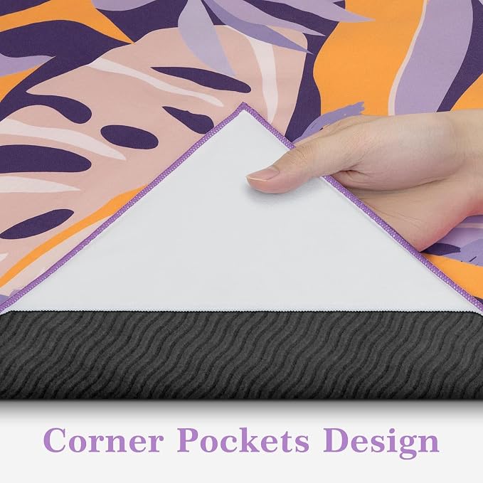 Yoga Towel Hot Yoga Mat Towel with Corner Pockets, 74 x 26 inch, Non-Slip Sweat-Absorbent Soft Microfiber Yoga Blanket for Pilates, Fitness and Workout, Purple