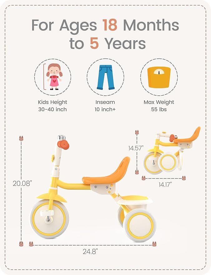 besrey Toddler Tricycle with Bell, Kids Tricycle Age 18 Months to 5 Years, Kids Trike, Toddler Bike for 1.5-5 Year Olds, Baby Trike, Gifts & Toys for Boys & Girls, Yellow | with Bell, Toddler Bike, for 1.5-5 Year Olds, Baby Trike, Gifts & Toys