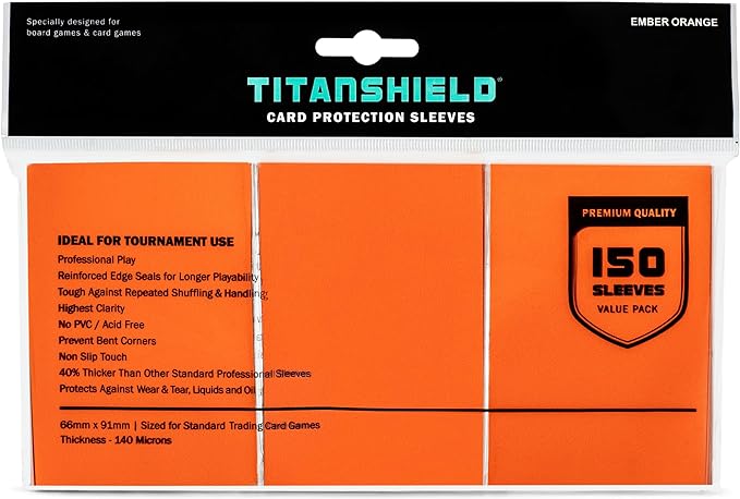 TitanShield Premium Card Sleeves | Compatible with Pokemon, One Piece, Lorcana, Flesh & Blood, & Magic The Gathering MTG | (150 Sleeves - Standard) (1, Ember Orange, Standard | 66x91mm)