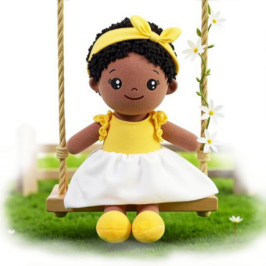 OUOZZZ 12" Soft Black Baby Doll Toys for 1 + Year Old Girl Gifts, African American Baby Dolls Birthday Gifts for 1 Year Old Girl Christmas Plush Toys Gift for Toddler Kids Yellow Bow-tie