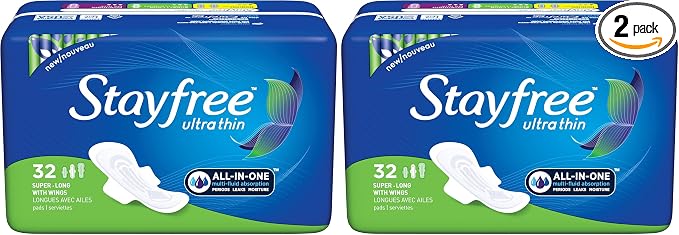 Stayfree Ultra Thin Super Long Pads with Wings For Women, Reliable Protection and Absorbency of Feminine Moisture, Leaks and Periods, 32 count (Pack of 2)