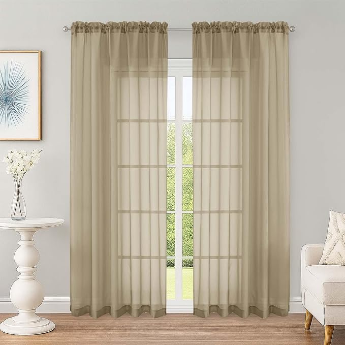 OWENIE Sheer Curtains 84 Inches Long 2 Panels Set, Sheer Taupe Curtains for Living Room Bedroom 59 Inch Extra Wide, Modern Voile Filmy Rod Pocket Drapes, 2 Pcs, Each 59 W x 84L, Taupe