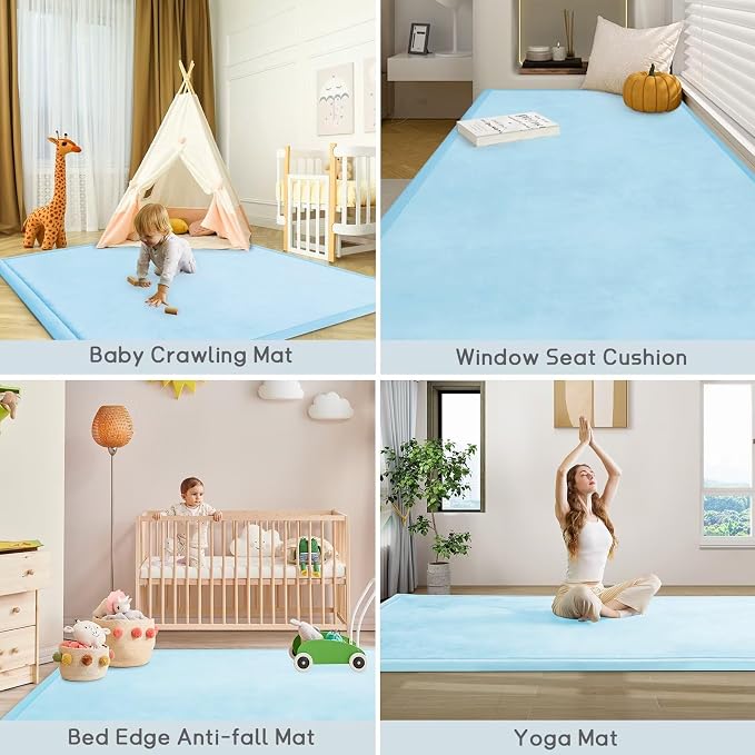 Baby Play Mat for Floor Nursery Muscle Mat Area Rug Playroom Rug 79x158" Elastic Foam 1.3" Thick Crawling Mat for Babies,Toddlers(Ice Blue)