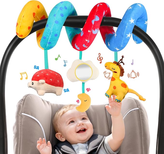 URMYWO Car Seat Toys for Babies 0-6 Months, Hanging Toy Fits Stroller, Sensory Baby Toy with Bell Crinkle Mirror, Baby Travel Gear Shower Gift for Boys Girls, Valentines Gifts Easter Basket Stuffers