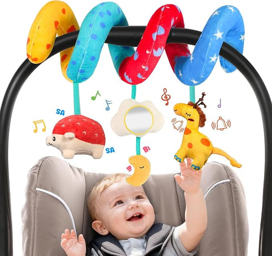 URMYWO Car Seat Toys for Babies 0-6 Months, Hanging Toy Fits Stroller, Sensory Baby Toy with Bell Crinkle Mirror, Baby Travel Gear Shower Gift for Boys Girls, Valentines Gifts Easter Basket Stuffers