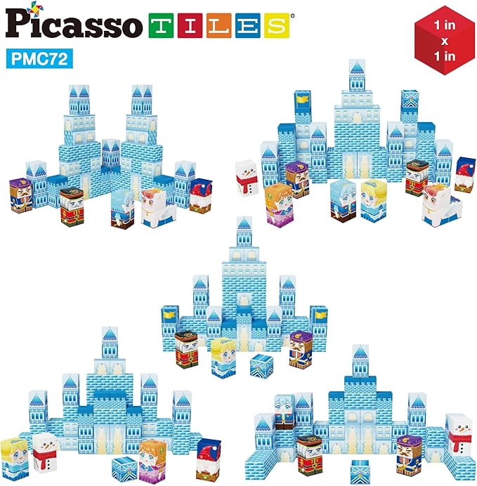 PicassoTiles Magnet Cube Winter Ice Themed Mix and Match Building Block Castle Construction Toy with 7 Magnetic Cubed Character Action Figures STEM Learning Education Sensory Pretend Play Age 3+ PMC72