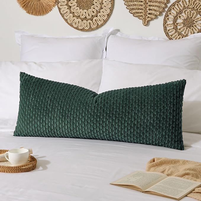 Kevin Textile Soft Corduroy 14"x36" Lumbar Pillow Cover 1 Pack, Army Green | Boho Stripe Plush Corduroy Decorative Oblong Cushion Cover Modern Farmhouse Home Decor for Sofa Couch Bed Chair