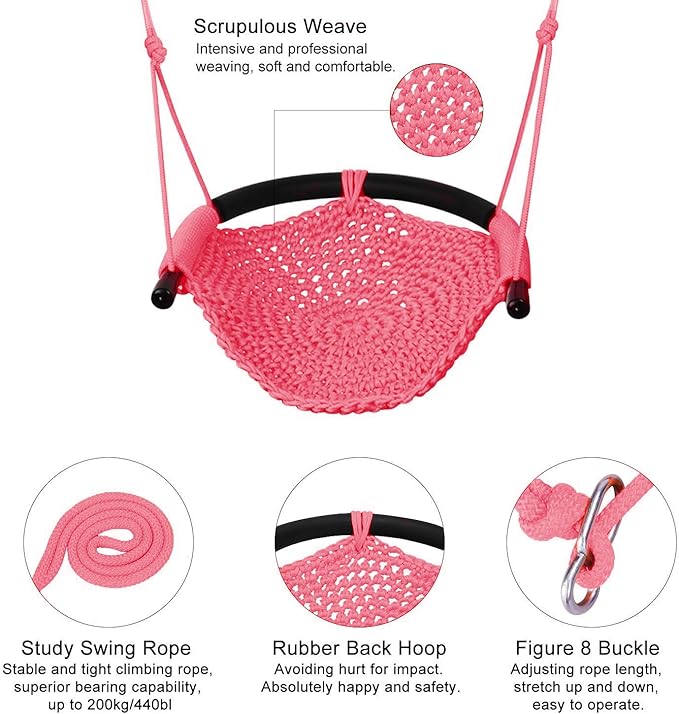 JKsmart 2 Pack Kids Swing Seat, Heavy Duty Rope Play Secure Children Swing Set, Toddler Swing Chair for Outdoor/Indoor/Playground/Home/Tree, with Snap Hooks and Swing Straps,440 lbs Capacity,Pink