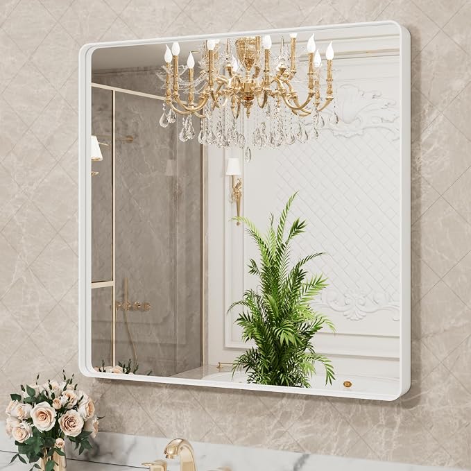 LOAAO 36x36 Inch White Metal Framed Bathroom Mirror | Rounded Rectangle Mirror, Anti-Rust, Tempered Glass, Hangs Horizontally or Vertically