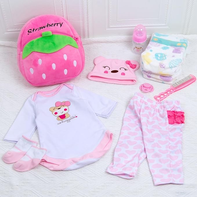 Reborn Baby Dolls Clothes Pink Bear Outfit Accessories 12 Pcs Set for 17-22 Inch Reborn Dolls Newborn Baby Girl with Strawberry Backpack&Feeding Set
