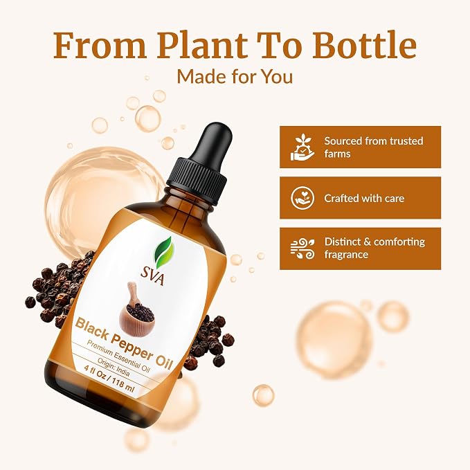 SVA Black Pepper Essential Oil 4 Fl Oz – for Diffuser, Skin & Hair Care – Ideal for Massage & DIY Blends - with Dropper