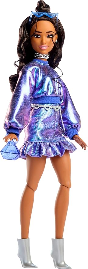 Barbie Deluxe Style Doll #7 in Metallic Blue Top and Skirt, Wavy Brown Hair, Accessories Like Silvery Jewelry, Crystal Handbag and Sunglasses