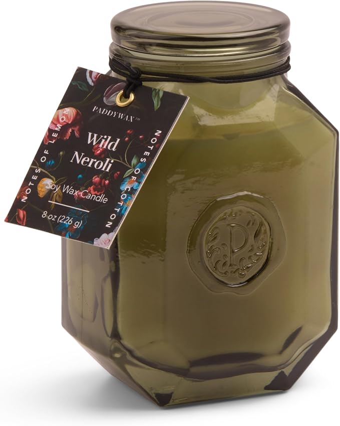 Paddywax Botanica Scented Candle with Lid in Reusable Embossed Glass Jar, Clean-Burn Soy Candle with Approx. 56 Hour Burn Time, Wild Neroli, 8 oz