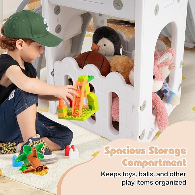BABY JOY Toddler Slide, 6-in-1 Indoor Kids Slide Playset with Basketball Hoop, Telescope, Climbing Ladder & Storage Space, Freestanding Playhouse & Climber for Kids Aged 1-3 (Gray)