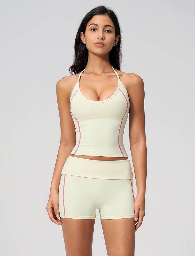 QBGJTD Women 2 Piece Workout Set Color Block Open Back Halter Top and High Waist Booty Lifting Shorts Yoga Outfit