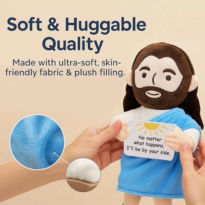 Inspirational Jesus Plush Stuffed Doll with Encouraging Words 13.4" Positive Jesus Plushie Soft Christian Toy Faith Comfort Gift for Kids Baptis Easter Christas (Blue)
