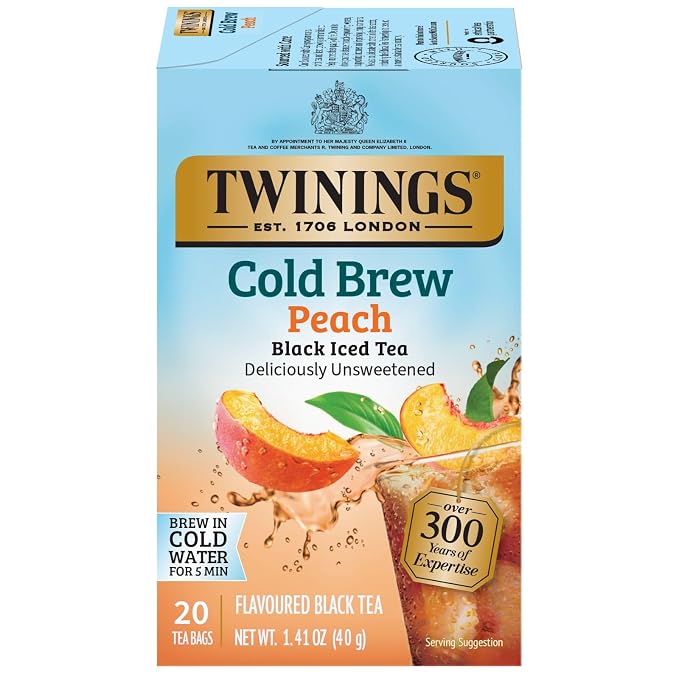 Twinings Peach Cold Brew Iced Tea Bags, 20 Count (Pack of 1), Unsweetened Flavoured Black Tea, Caffeinated, 20 Teabags