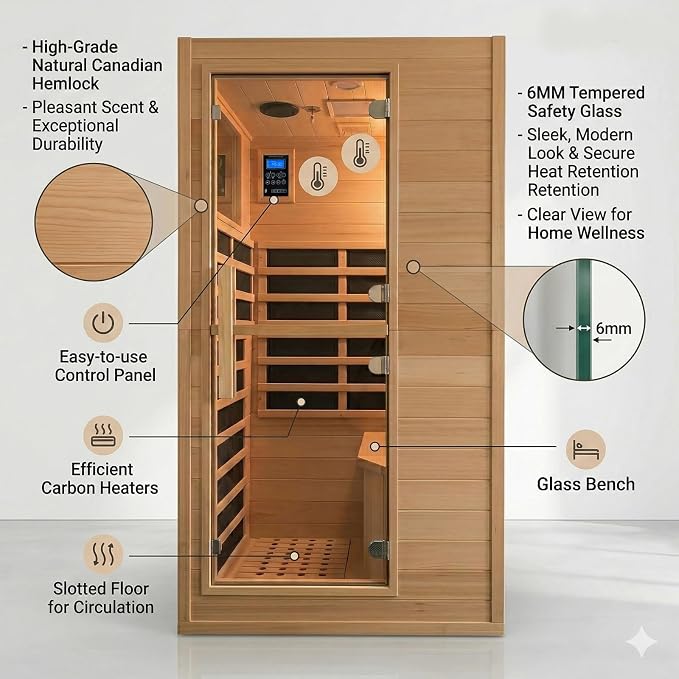 1 Person Low EMF Far Infrared Sauna, Natural Spruce Wood Compact Home Sauna, 1200W 110V, Bluetooth & Reading Light, 6mm Tempered Glass, Small Space Personal Sauna