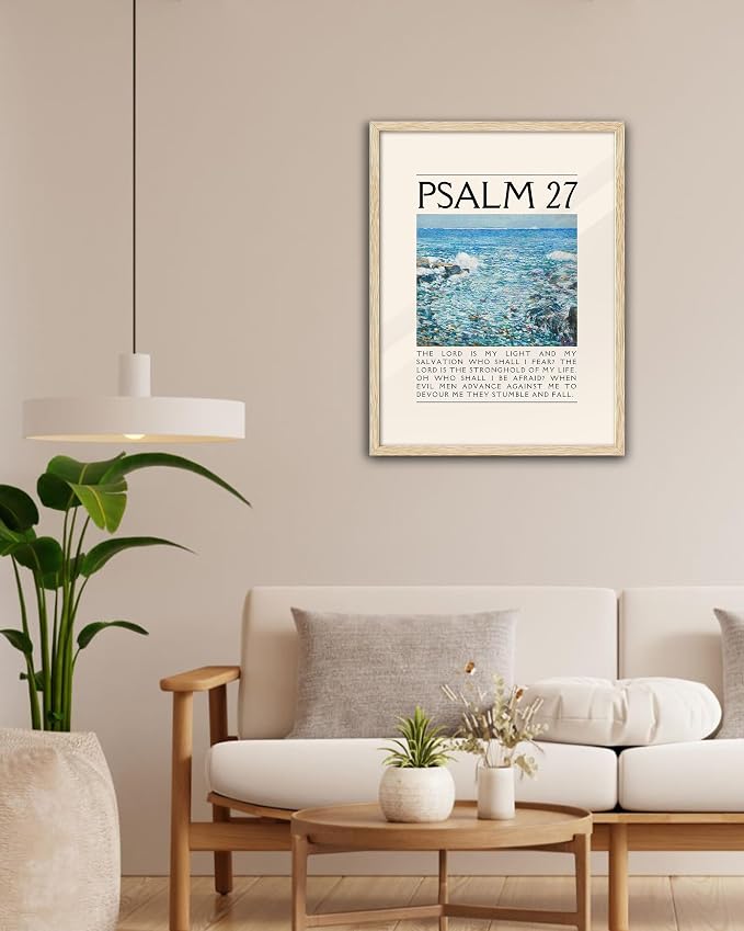 EcoHest 12x16 in Psalm 27 Ocean Framed Bible Verse Christian Wall Art | Natural Oak Wood Frame with Canvas Wall Art, Coastal Scripture Wall Decor for Bedroom, Living Room, Office, Church, 1Pack