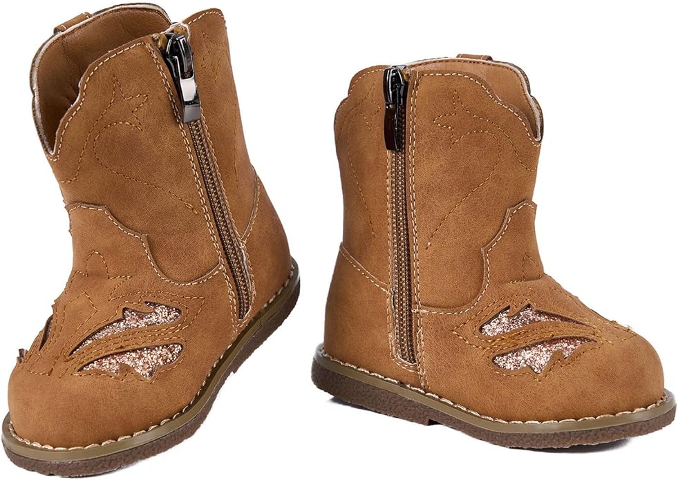 Newsonet Baby Cowboy Cowgirl Boots Infant Western Boots Toddler Boys Girls Round Toe Riding Mid Calf Boots All Seasons for 6 9 12 18 24 Months