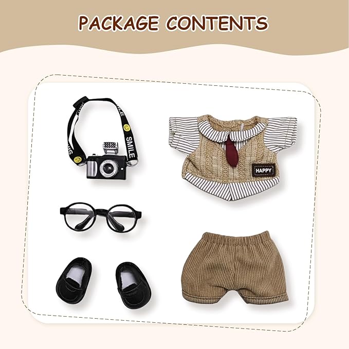 17cm Doll Clothes Set (6-Pcs Outfit), Stylish Clothing for Bunny Doll with Top, Pants, Shoes & Accessories, Just Clothes