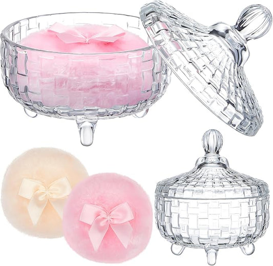 Tioncy 3 Pcs Large Body Powder Puff and Container Valentine's Day gift Powder Container with Puff Crystal Case Soft Washable Reusable Velour Face Body Glitter Wet Dry Makeup(Weave Design,Clear)