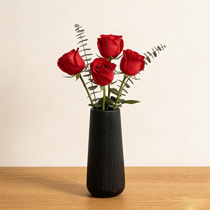 7.8''H Ceramic Vase, Pampas Grass Vase, Ribbed Modern Decor, Matte Black | Nordic Minimalist Flower Vase, Black Home Office Decor Vases, For Living Room, Dining Table, Bedroom, Kitchen Shelf