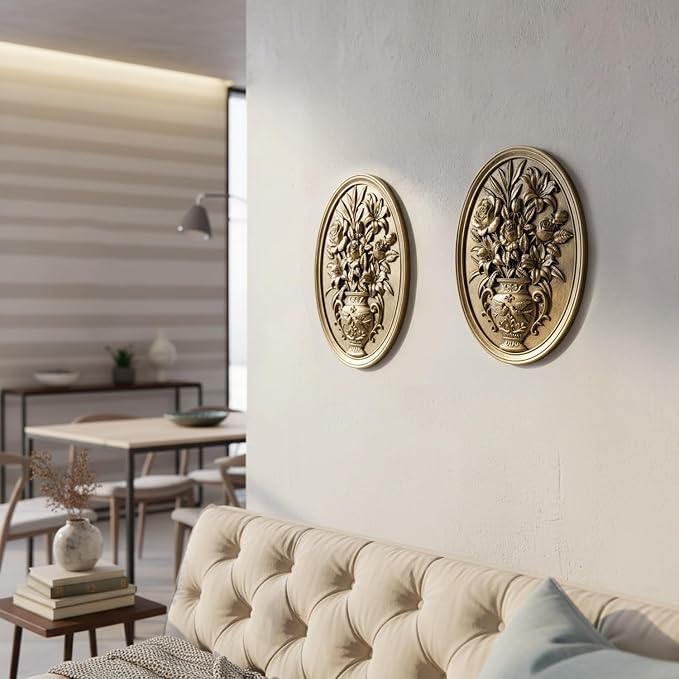 Newinhome Vintage Flower Wall Sculpture, Antique Wall Decor, Hand Painted Wall Decorations with Embossed Flower Design, Antique Pediment, Gold Decor for Living Room Bedroom Hallway, Unique Gifts