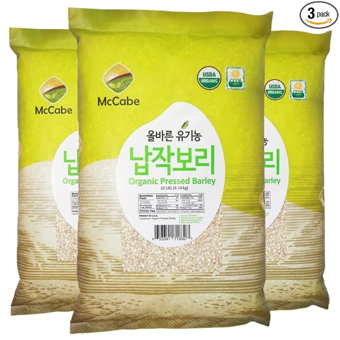 MCCabe Organic Pressed Barley - Whole Grain Rolled Barley | USDA and CCOF Certified | Made in USA | 10 lb Pack of 3