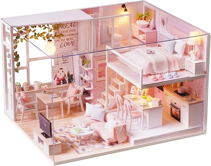 CUTEROOM DIY Miniature House Kit Handmade Wooden Dollhouse - Creative Doll House Kit for Birthday Plus Music Box & LED Light - Tranquil Time
