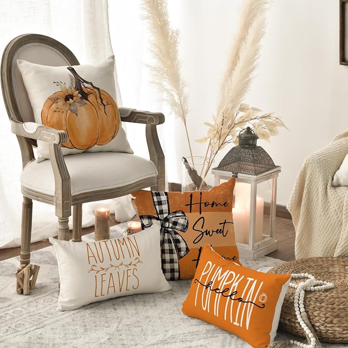 AVOIN colorlife Fall Pumpkin Home Sweet Home Throw Pillow Covers, 20 x 20 Inch Autumn Thankful Grateful Blessed Harvest Floral Orange Decorations for Sofa Couch Set of 4