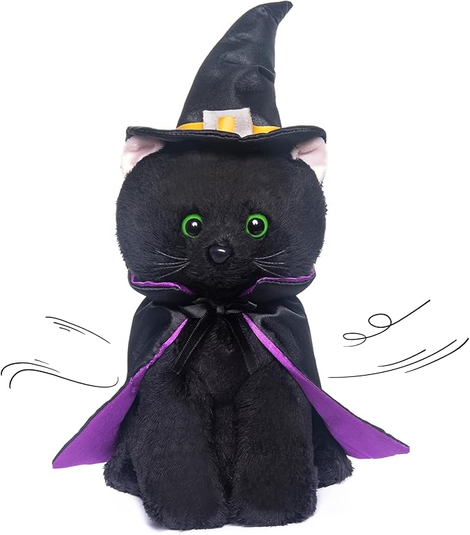 My OLi Halloween Black Cat Plush Toy - Soft Stuffed Black Cat with Witch Hat and Cloak - Spooky Halloween Party Decoration & Stuffed Animal Gift for Kids Toddlers