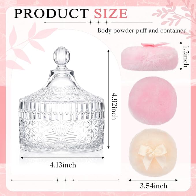 Tioncy 3 Pcs Large Body Powder Puff and Container Valentine's Day gift Powder Container with Puff Crystal Case Soft Washable Reusable Velour Face Body Glitter Wet Dry Makeup(Vintage Embossed,Clear)
