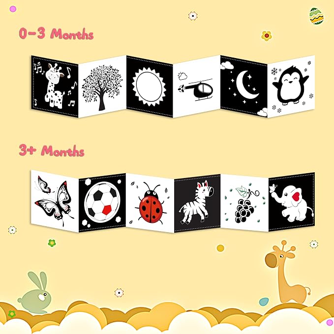 Black & White High Contrast Newborn Toys - Tummy Time & Brain Development - Soft Book, Montessori Sensory Toys (0-12 Months) Gift