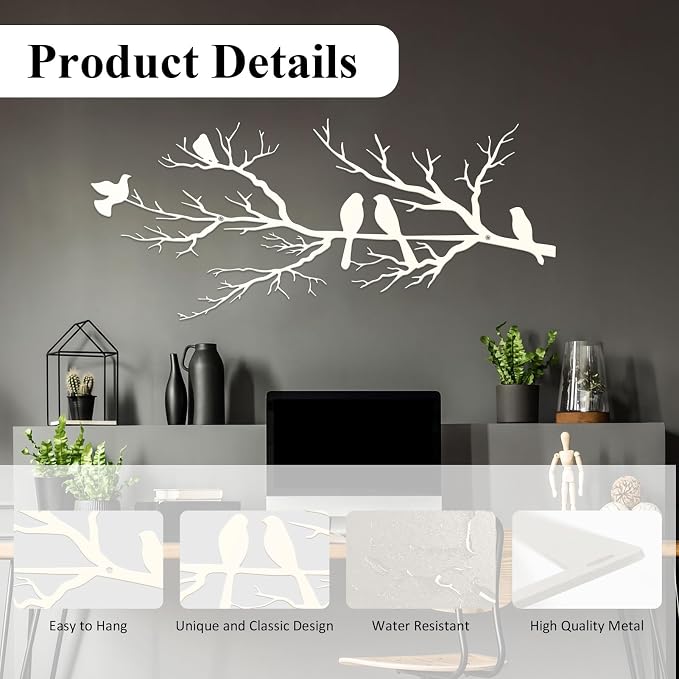 ESTART Metal Birds Wall Art, Metal Vivid Birds on Branch Silhouette Wall Decor White Leaves with Bird Outdoor Hanging Wall Sculpture for Home Living room Bedroom Balcony Garden (White, Small)