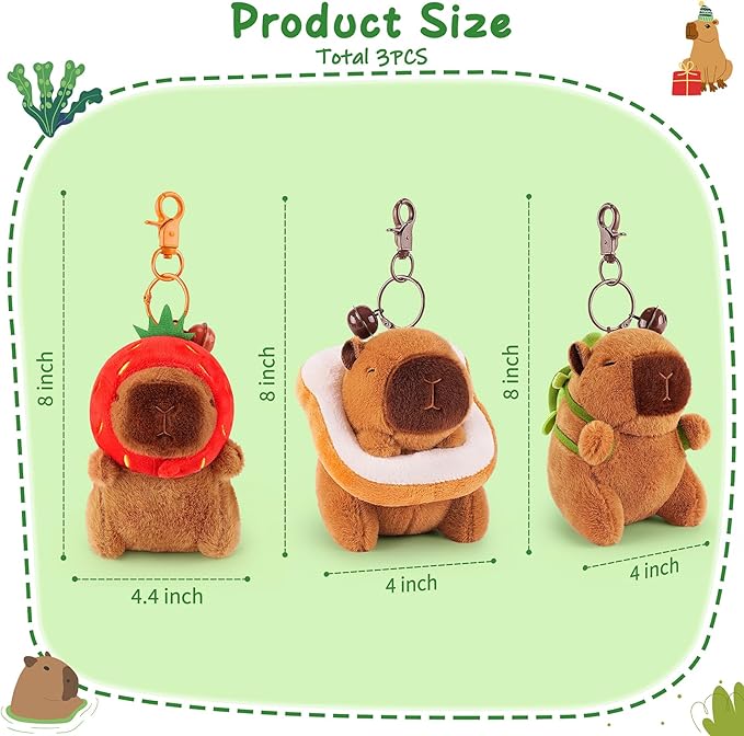 Achwishap 3PCS Capybara Plush Keychain,Cute Keychain Capybara Stuffed Animal,Soft Capybara Plush Toys Key Chain,Kawaii Plushie Stuffed Toys for Kids Adults(Turtle,Strawberry Hat,Bread)