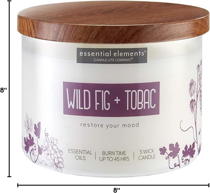 Essential Elements by Candle-Lite Company Scented Wild Fig & Tobac 3-Wick Jar Candle, 14.75 oz, Off White