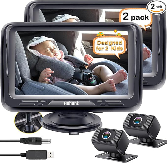 Rohent Baby Camera for Car 2 Pack - Dual HD 1080P Monitors with Night Vision, Adjustable Angles, Glare-Free Display, Easy Installation for Two Vehicles, Ideal for Road Trips