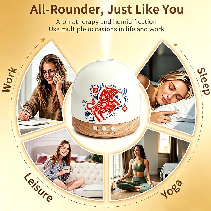 Ceramic Diffuser - 300ML Essential Oil Diffuser,Cute Porcelain Design, Quiet Cool Mist, 4 Timer Modes, Auto Shut-Off, Night Light for Bedroom and Home