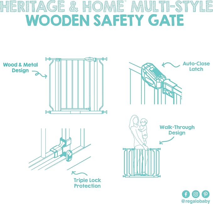 Regalo SAFETY 39" Extra Wide Wood Accent Baby Gate, Pressure Mount for Doorways & Bottom of Stairs, Babies, Toddlers & Pets, Ages 6–24 Months, TESTED & TRUSTED, AMERICAN DESIGNED, FAMILY OWNED