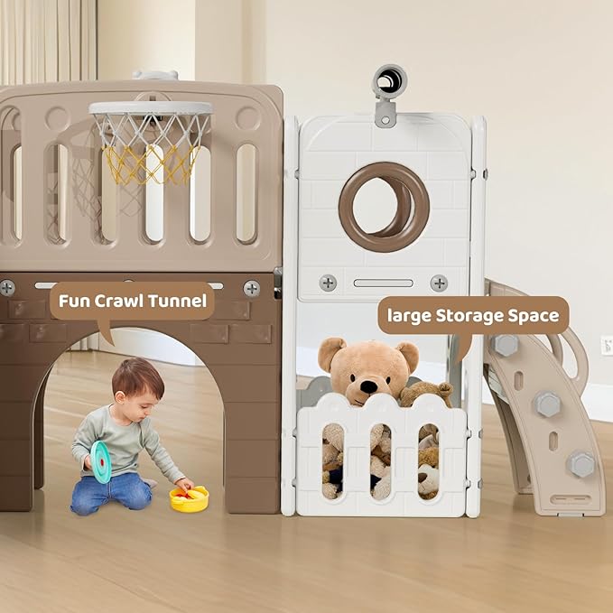 Arlopu 9 in 1 Toddler Slide Set, Kids Large Climber Slide Playset w/Long Slope, Telescope, Storage Space, Enclosed Steps, Indoor Outdoor Playground (Beige & Brown)