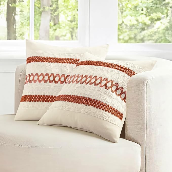 MIULEE Set of 2 Fall Burnt Orange Decorative Pillow Covers 20x20 | Farmhouse Boho Couch Throw Pillows, Modern Cotton Cushion Covers, Macrame Woven Home Decor for Bed Sofa Chair