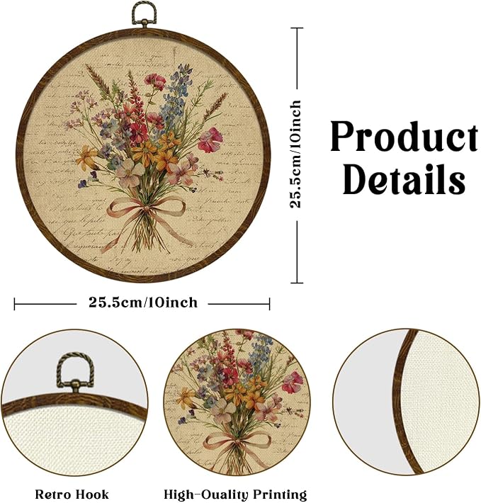 Vintage Floral Round Wall Art Decor,Retro Flower Wall Art Decoration, Watercolor Wildflower Botanical Canvas Print with Frame,Farmhouse Decor for Bedroom Living Room Gallery Space10x10inch (Letter Flowers-03)