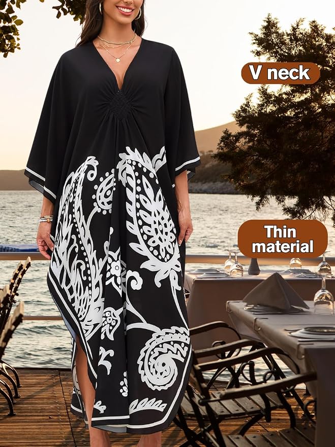 ChiaoLezhee Print Moo-Moos for Women, Kaftan Cover-Up Dresses, Sexy V-Neck High-Slit, Beach Pool-Party Coverups Muumuu Plus