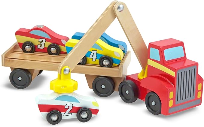 Melissa & Doug Magnetic Car Loader Wooden Toy Set with 4 Cars and Toy Truck - Pretend Play and Race Car Fun for Preschool Toys, Ages 3+